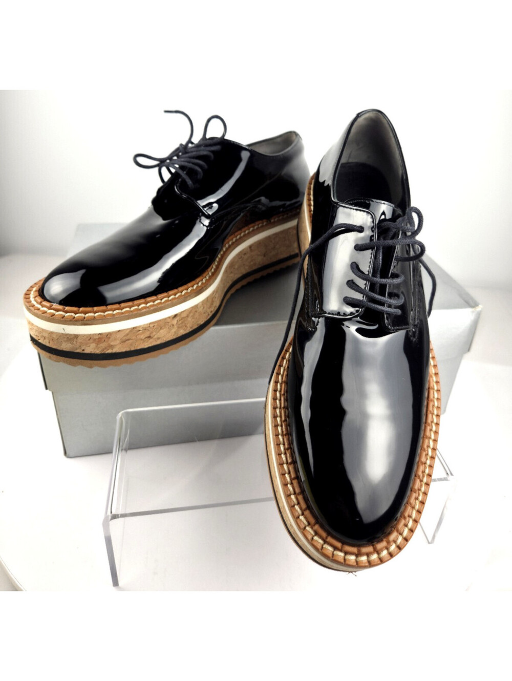 Robert Clergerie Brook Platform Oxford Black Patent Cork Sole EU 37.5